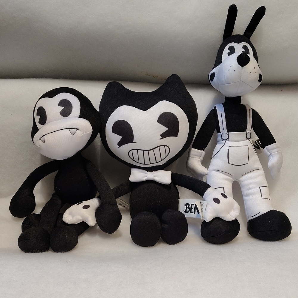 Black & White Bendy-Style Plush Trio - Cute Cartoon Stuffed Animals